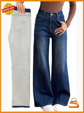Fleece Lined Wide Leg Baggy Jeans Thermal Winter Y2K Denim Pants